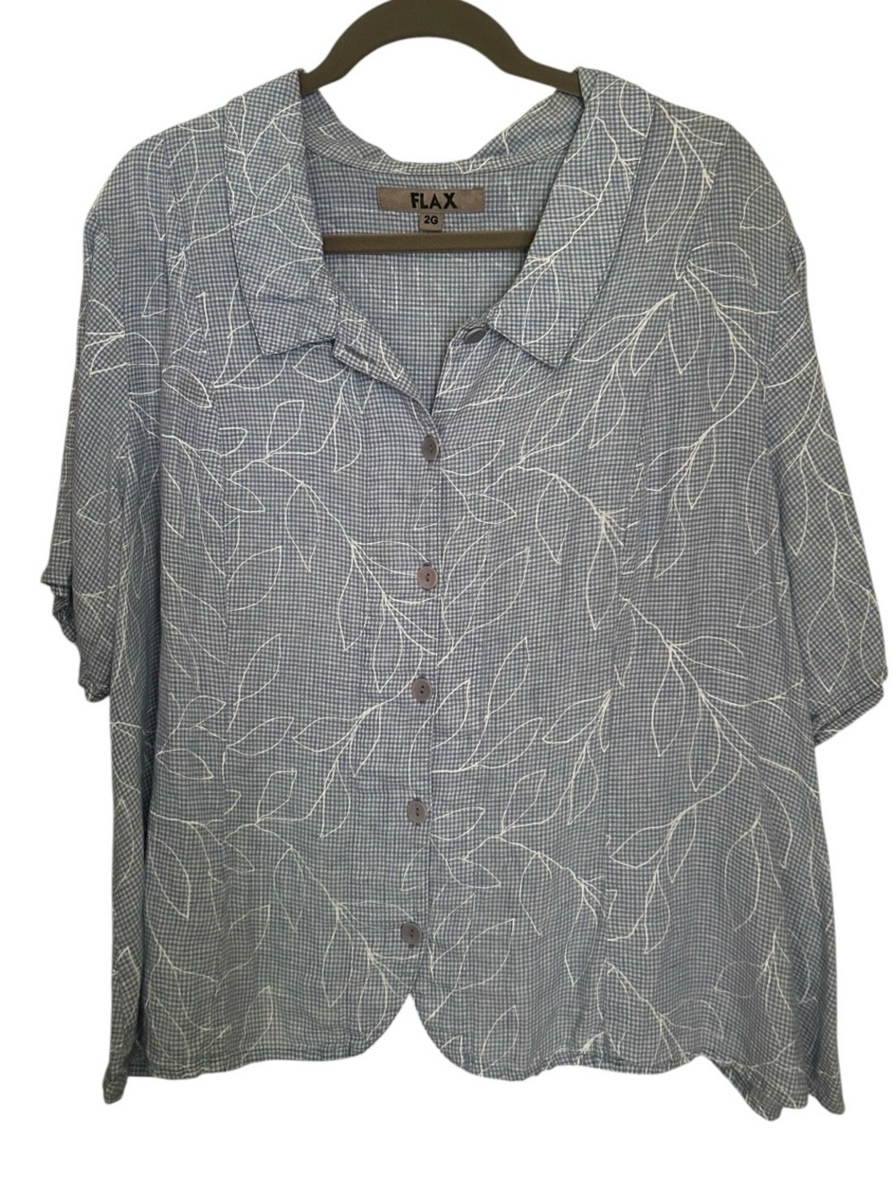 FLAX Women’s S/S Periwinkle Gingham w/Embroidered Leaf-Print Button Up Shirt Exc